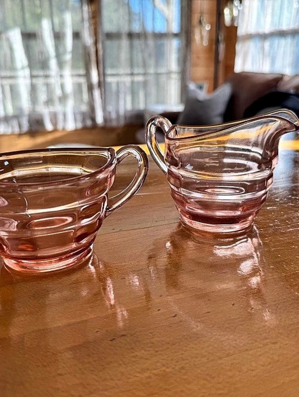 Vintage Pink Depression Glass Creamer & Sugar Bowl Set - Paden City Party Line